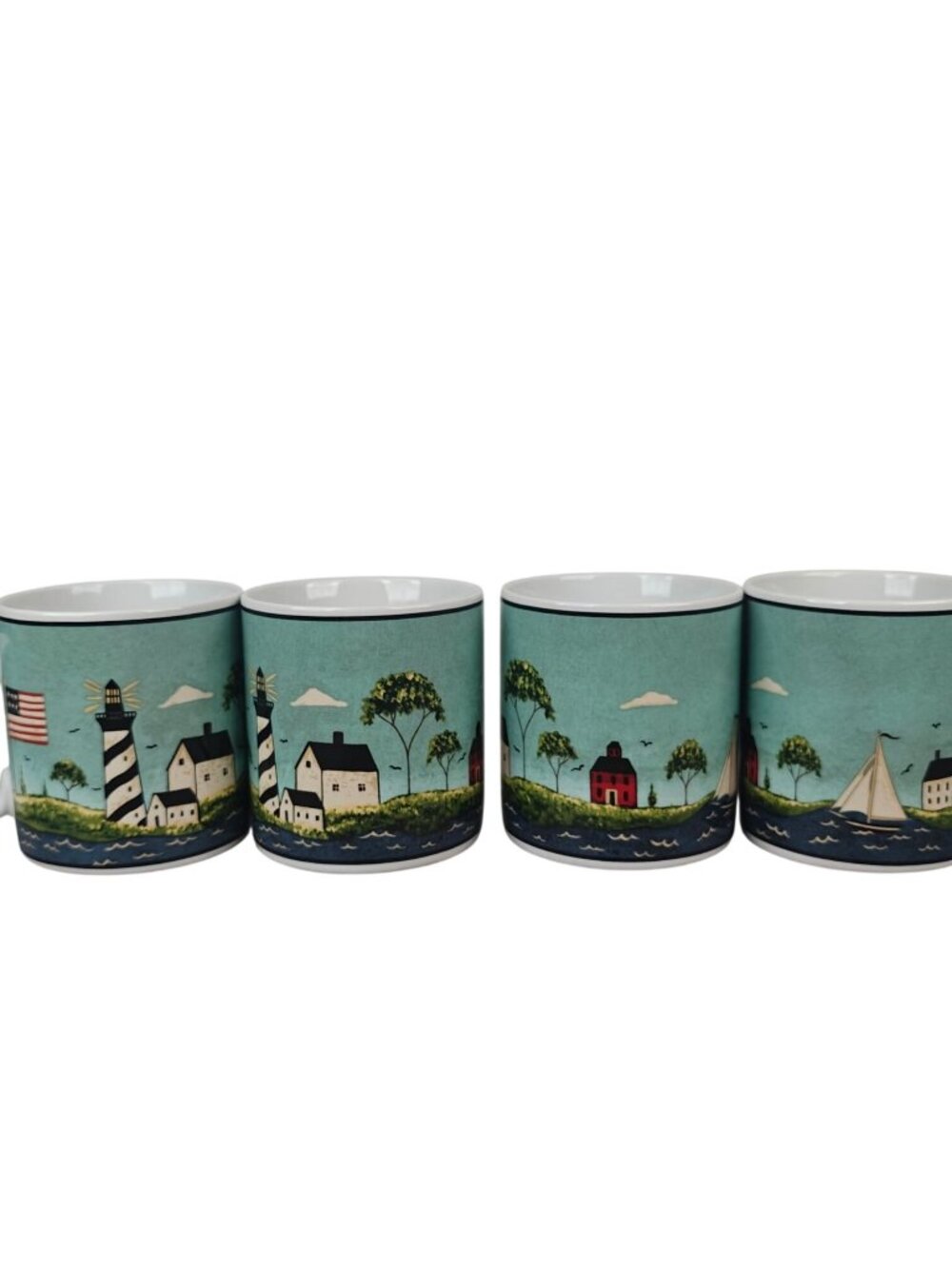 Warren Kimble Coastal Breeze Ceramic Mugs Lighthouse Scene Set Of 4 1998 Sakura